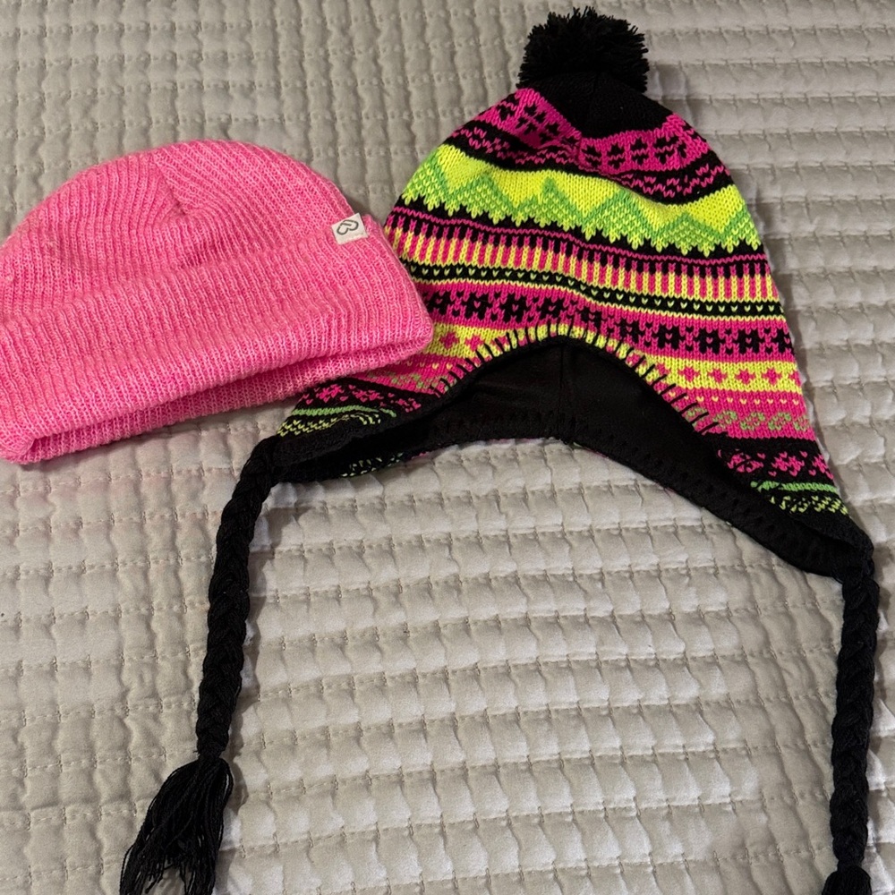 Pink Beanie and Colorful Knit Earflap Hat, pink is Aeropostale, multi no brand
